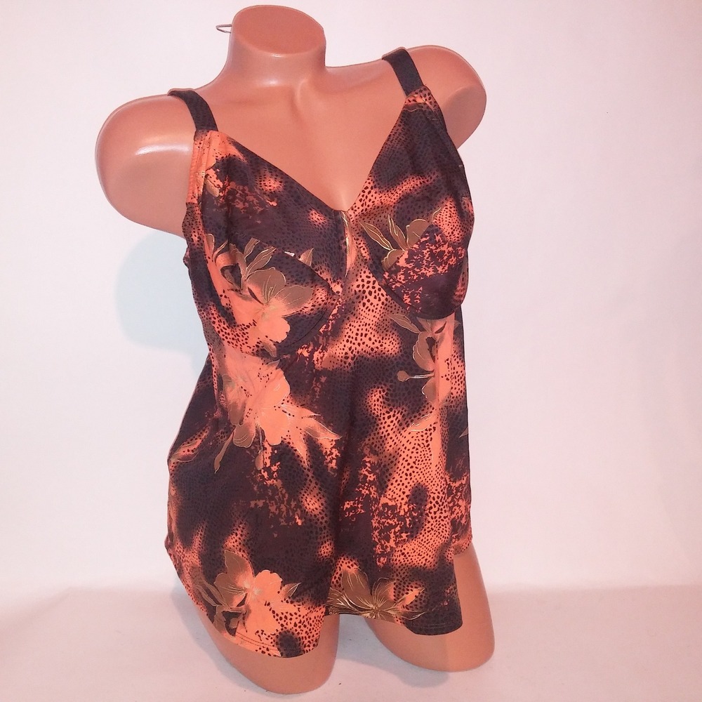 Vintage Exelnt Designs Swim Tankini Top 14 DD Brown Orange Gold Floral Dots
